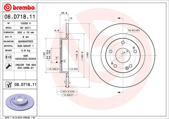 Disc frana Spate Dreapta/Stanga BREMBO HONDA CIVIC X 1.0/1.5/1.6D 08.16- Diametru 282mm Inaltime 37mm 5 Gauri