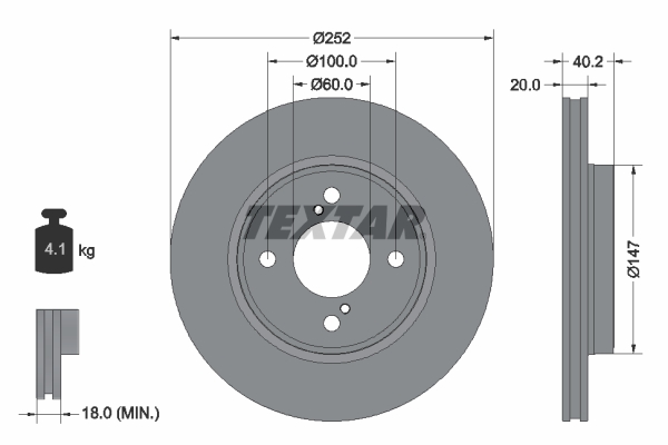 Disc Frana TEXTAR Fata Suzuki Baleno Swift V 252mm 40.2mm 20mm Ventilat Intern Dreapta/Stanga 4 Gauri 100mm 60mm 02.16-