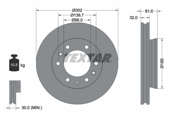 Disc frana TEXTAR Fata Dreapta/Stanga FORD RANGER 2.0D-3.2D 04.11- Diametru 302mm Grosime 32mm 6 Gauri Ventilat Intern