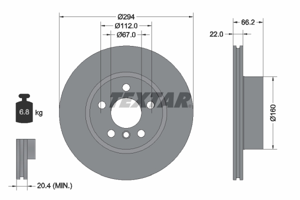 Disc Frana Ventilat Intern TEXTAR Fata Dreapta/Stanga BMW 3 G20 G80 G28 2.0 2.0D 2.0DH 294mm 66.2mm 22mm 5 Gauri