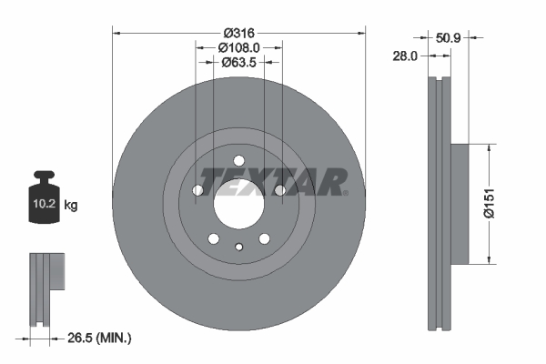 Disc frana Fata Dreapta/Stanga TEXTAR FORD MONDEO V LINCOLN MKZ 316mm 28mm 5 gauri ventilat intern 09.14-