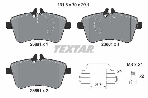 Set placute frana Fata TEXTAR MERCEDES A W169 B SPORTS TOURER W245 2.0-Electric 09.04-06.12 70mm 131.8mm 20.1mm