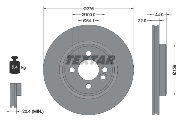 Disc frana TEXTAR Fata Dreapta/Stanga MINI R50 R53 R52 1.4D 1.6 276mm 22mm 4 gauri ventilat intern 06.01-07.08