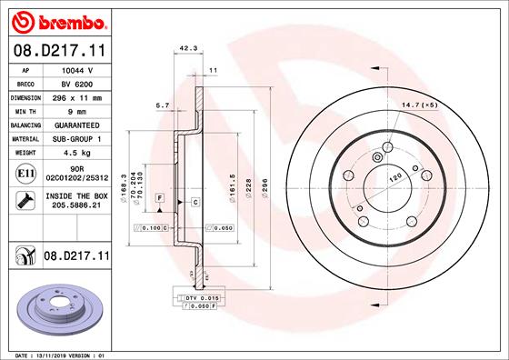 Disc Frana Spate Dreapta/Stanga BREMBO Honda Civic IX 2.0 08.15- Diametru 296mm Grosime 11mm 5 Gauri 42mm Inaltime