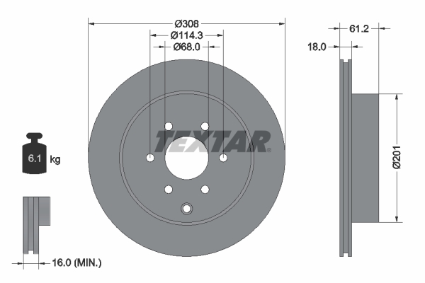 Disc frana TEXTAR Spate Dreapta/Stanga Mercedes X 2.3D/3.0D Diametru 308mm Grosime 18mm Ventilat Intern 6 Gauri