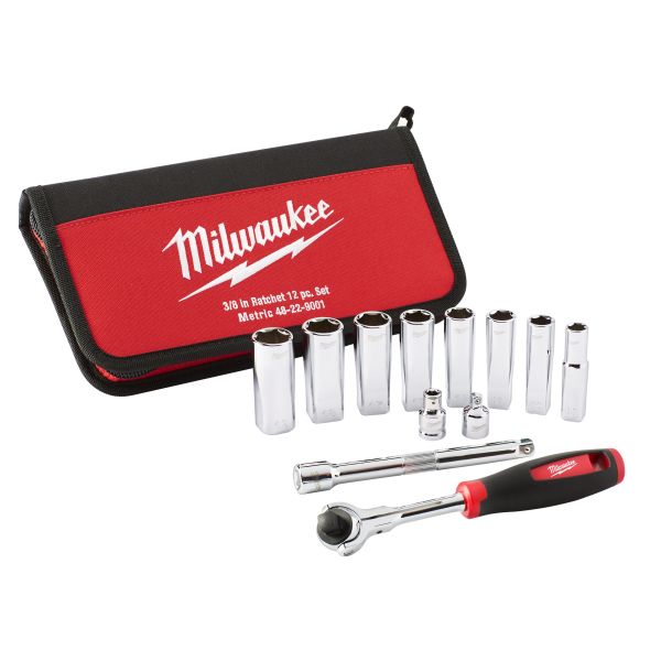 Set scule MILWAUKEE 12 piese, tubulara 3/8 inch, lung, profil hexagonal, carcasa din tesatura