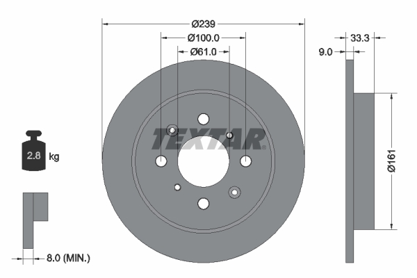 Disc frana Spate Dreapta/Stanga fara pivot HONDA JAZZ II-IV 1.2-1.4ALK 12.06- TEXTAR Diametru 239mm Grosime 9mm 4 gauri