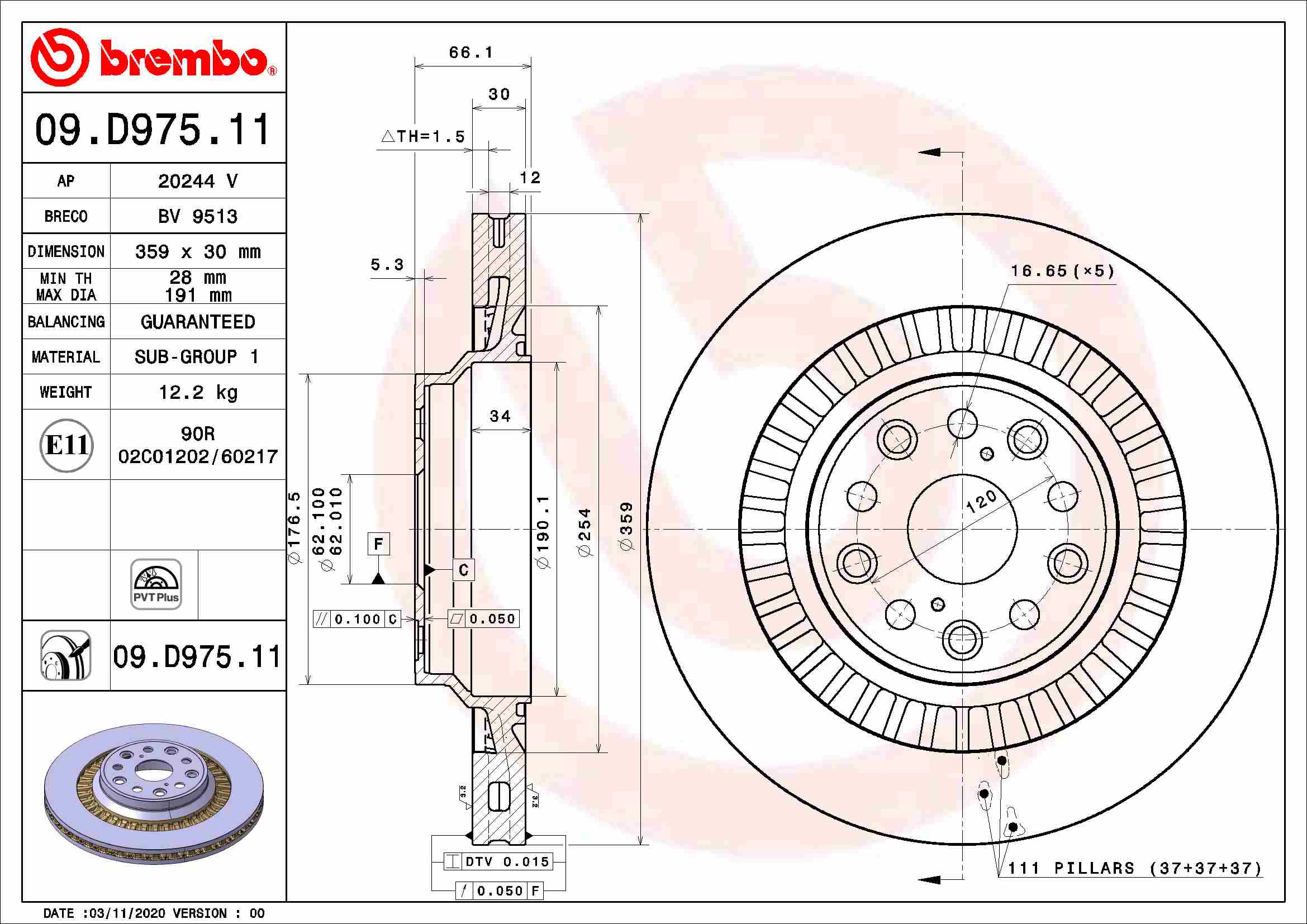 Disc frana spate ventilat intern BREMBO LEXUS LC LS 3.5/3.5H/5.0 11.16- diametru 359mm grosime 30mm 5 gauri centrare 62mm