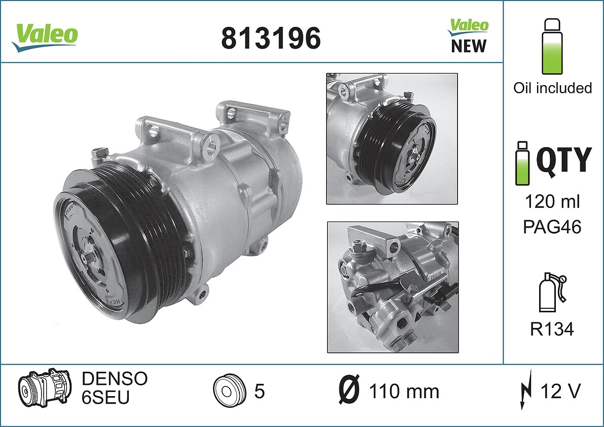 Compresor aer condiționat VALEO Mercedes Clasa A B 6SEU 5 caneluri 12V R134a PAG 46 100ml fulie 110mm