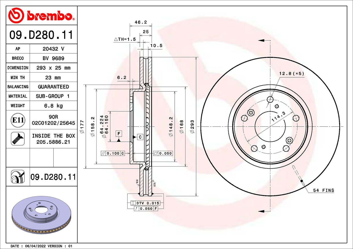 Disc frana fata ventilat intern BREMBO HONDA HR-V 1.5/1.6D 08.15- 293mm 5 gauri 64mm centrare 25mm grosime 46mm inaltime