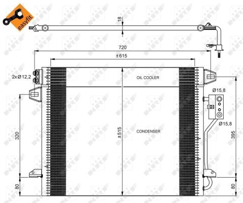 Condensator climatizare aluminiu NRF Chrysler Grand Voyager V Lancia Voyager 2.8D-3.8 10.07- 515x615x18 mm 15.8 mm admisie/evacuare