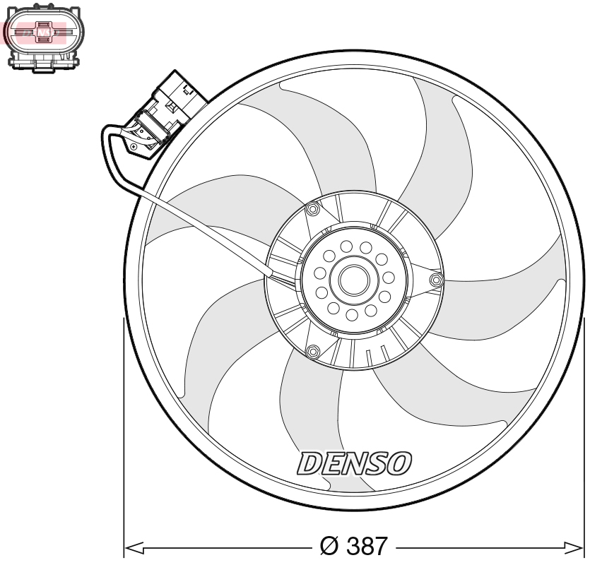 Ventilator radiator DENSO OPEL COMBO MINIVAN CORSA C 1.3D 1.7D 06.03- Diametru exterior 387.0 mm Tensiune 12.0 V 7 palete