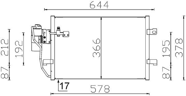 Condensator climatizare MAHLE A/C cu uscător Mercedes A W168 Vaneo 1.4-2.1 97-05 366x535x17 mm 15 mm admisie 10.1 mm evacuare