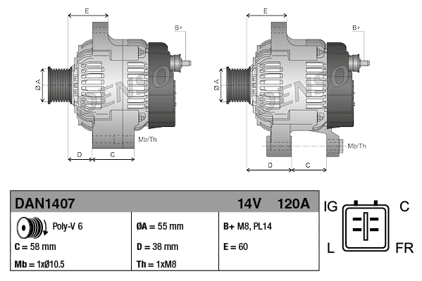 Alternator DENSO 14V 120A Jaguar X-TYPE I 2.1/2.5/3.0 06.01-12.09 Diametru 55mm 6 Caneluri