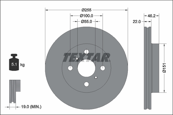 Disc frana fata ventilat intern TOYOTA YARIS 1.5H 02.20- diametru 255mm grosime 22mm TEXTAR