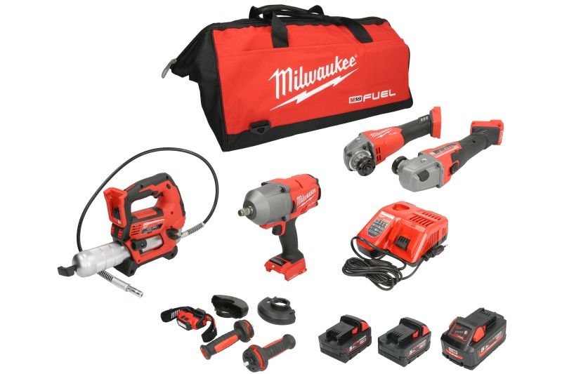 Set scule electrice MILWAUKEE 5 piese, Air impact wrench, Polizor unghiular, Lubrificator, Lampa atelier, 4 baterii, Incarcator 230V