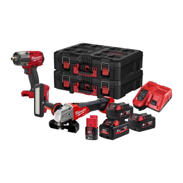 Set scule electrice MILWAUKEE 3 piese: pistol impact aer, polizor unghiular, lampa atelier, acumulatori 3 buc, incarcator inclus