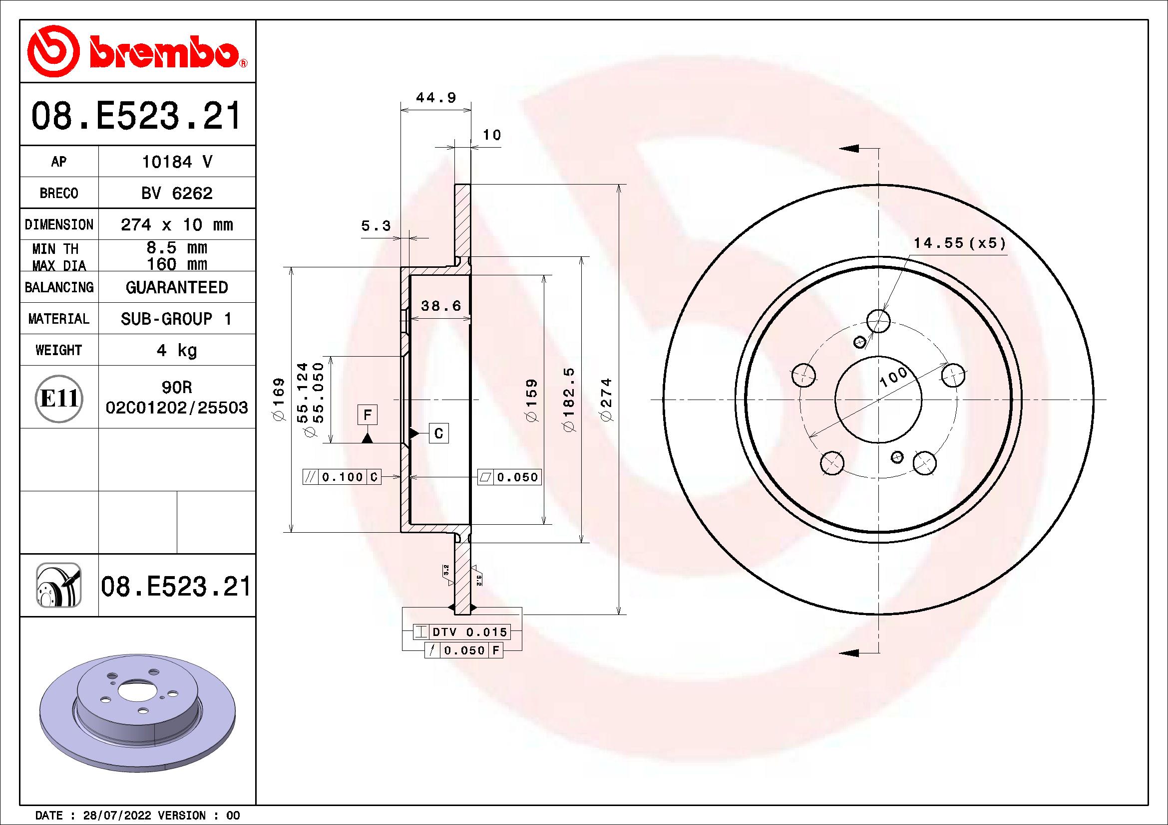 Disc frana spate BREMBO Toyota Yaris 1.5/1.5H 02.20-, diametru 274 mm, grosime 10 mm, 5 gauri, deplin, L/R, 2 buc