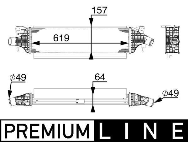 Intercooler MAHLE INFINITI Q50 Q60 2.0/2.2D 04.13- Aluminiu 619x157x64 mm 49 mm Admisie/Evacuare