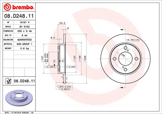 Disc frana spate dreapta/stanga Suzuki Baleno Swift V 1.0-1.2H 228mm 4 gauri grosime 9mm deplin BREMBO