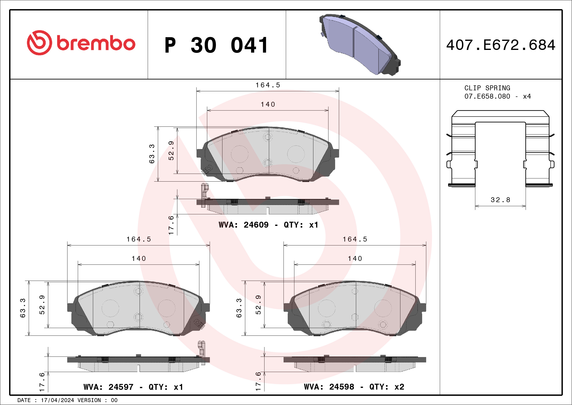 Set placute frana disc BREMBO HYUNDAI H-1 CARGO TRAVEL KIA CARNIVAL 2.2D 2.9D Fata 63.0mm Inaltime 165.0mm Latime 18.0mm Grosime