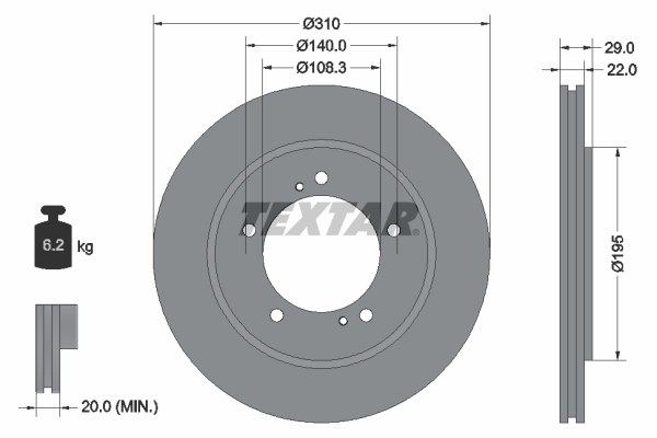 Disc frana TEXTAR Fata Dreapta/Stanga Suzuki Grand Vitara I/II 1.6-2.7 03.98-12.08 Diametru 310mm Grosime 22mm Ventilat Intern