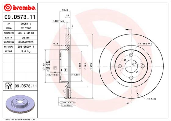 Disc frana BREMBO Fata Dreapta/Stanga TOYOTA YARIS 1.5/1.5H 03.12- Diametru 280mm Inaltime 46mm Grosime 22mm 4 Gauri Ventilat Intern