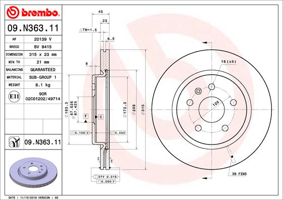 Disc frana BREMBO Spate Dreapta/Stanga OPEL INSIGNIA B 2.0/2.0D 03.17- Diametru 315mm Grosime 23mm 5 Gauri Ventilat Intern