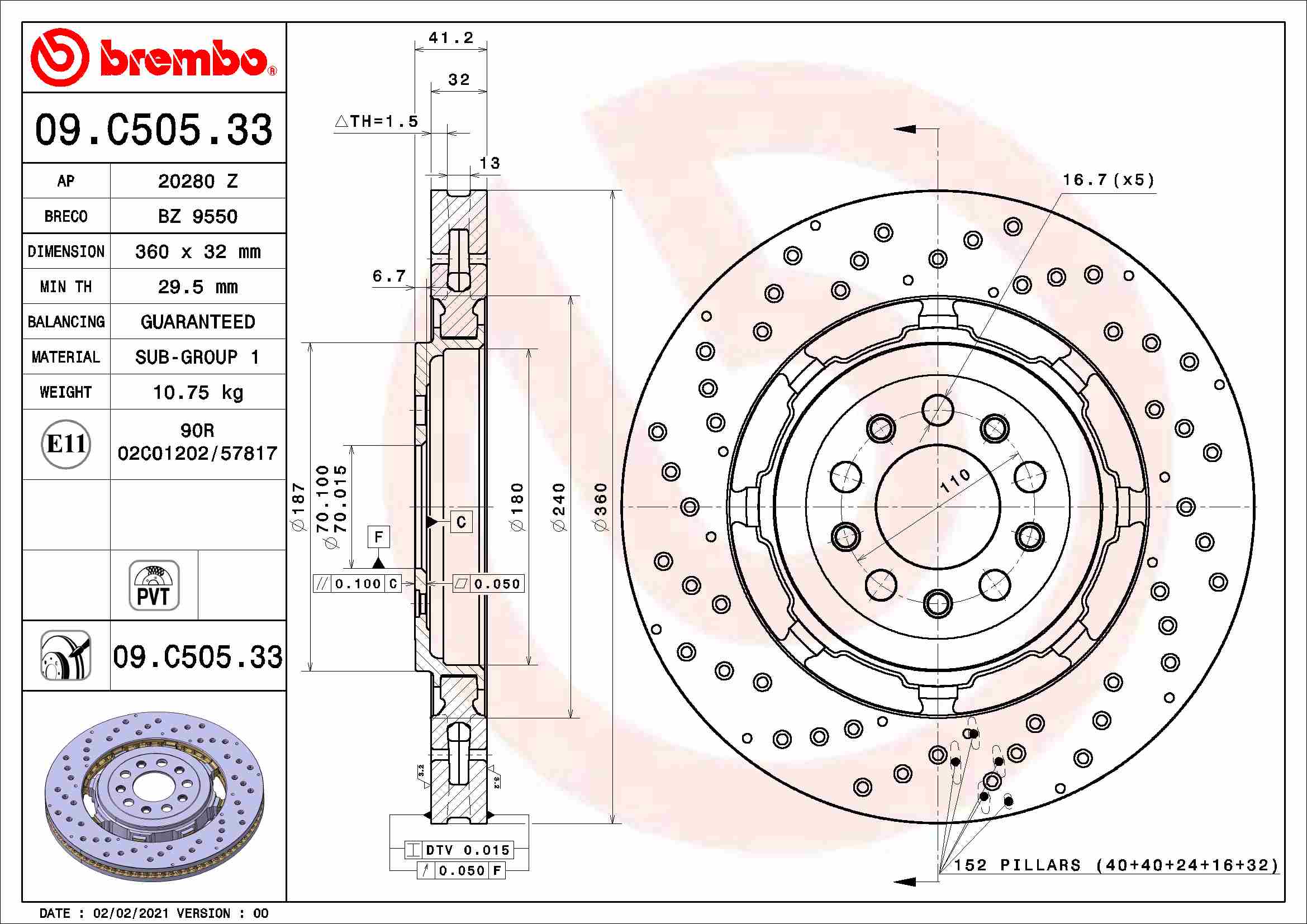 Disc frana Fata Dreapta/Stanga BREMBO ALFA ROMEO GIULIA STELVIO 2.9 Diametru 360mm 5 Gauri Ventilat Intern