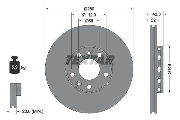 Disc Frana TEXTAR Spate Dreapta/Stanga AUDI A8 D3 VW PHAETON 280mm 5 Gauri Ventilat Exterior 22mm Grosime 68mm Centrare