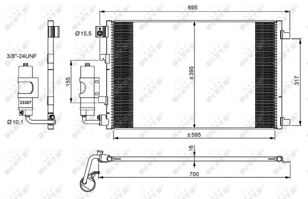 Condensator climatizare cu uscător aluminiu Nissan Qashqai I 1.6/2.0 02.07-04.14 395x595x16 mm 3/8-24 UNF NRF