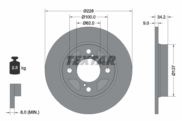 Disc frana TEXTAR Spate Dreapta/Stanga Suzuki Baleno Swift V 1.0-1.2H 02.16- 228mm 34.2mm 9mm 4 gauri 62mm 100mm