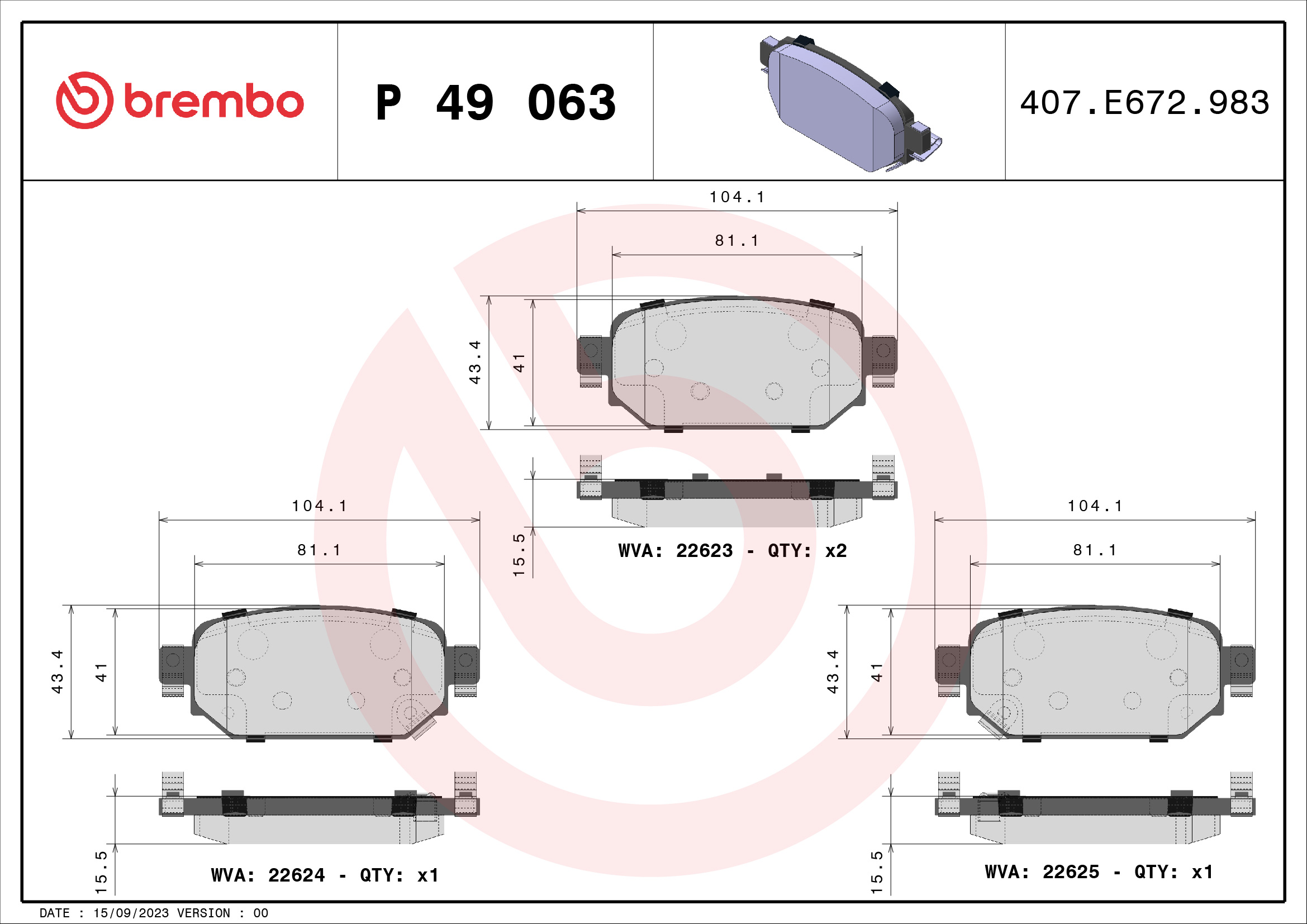 Set Placute Frana Disc BREMBO Spate Mazda 3 CX-3 1.8D/2.0 09.13- Inaltime 44.0mm Latime 104.0mm Grosime 16.0mm Senzor Uzura Da