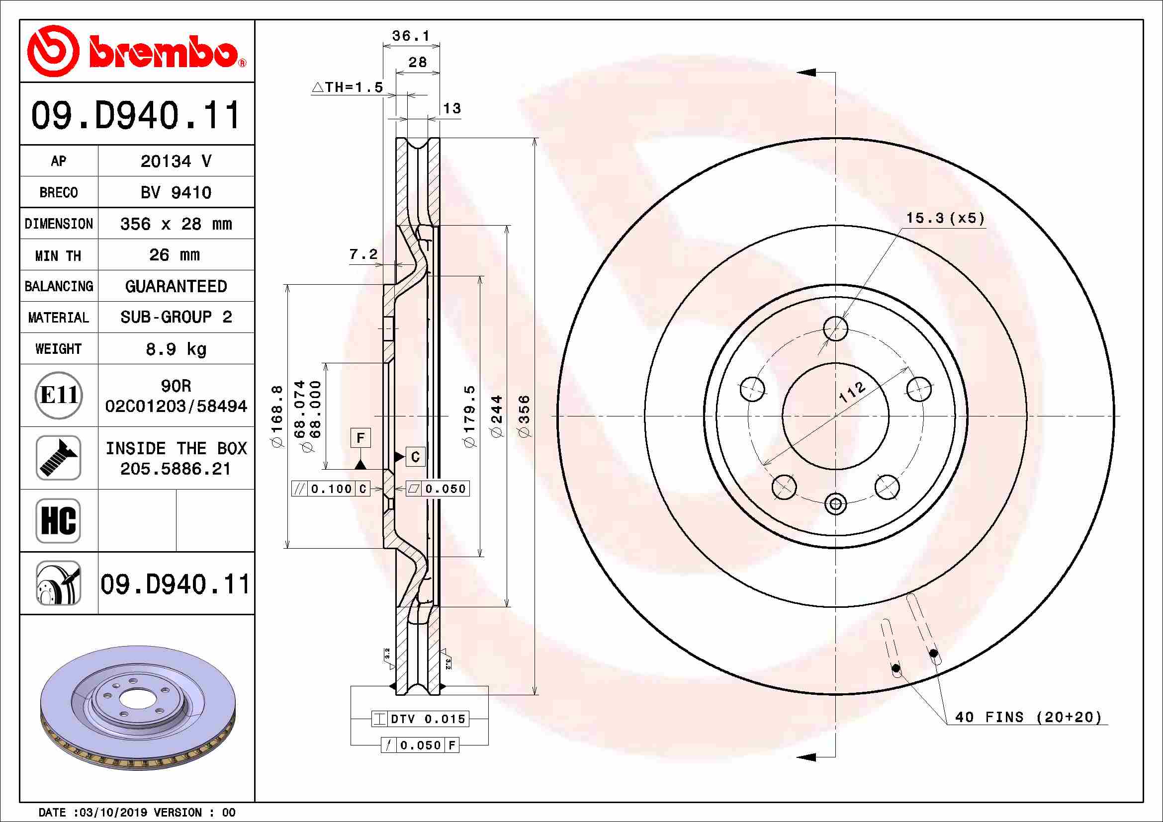 Disc frana BREMBO Spate Dreapta/Stanga Porsche Macan 2.0-3.6 02.14- Diametru 356mm Inaltime 36mm Grosime 28mm Ventilat 5 Gauri