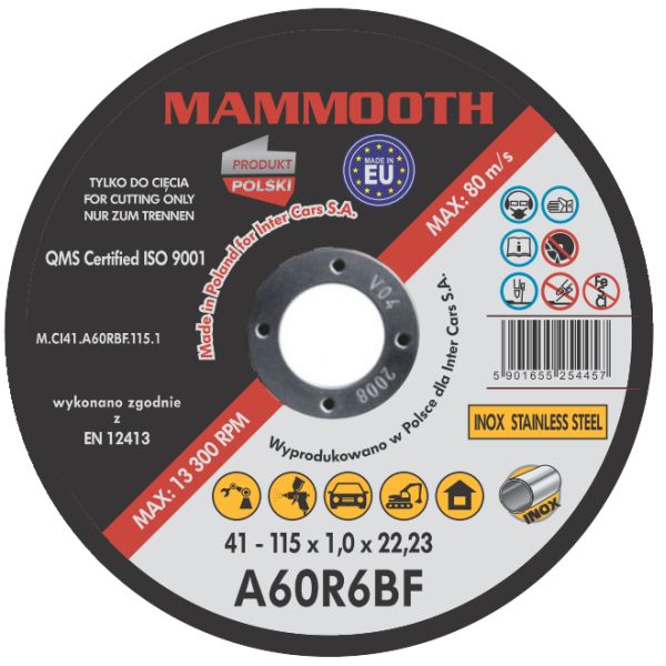 Suport disc abraziv polizor multifuncțional MAMMOOTH 115mm x 1mm 25buc pentru metal inox oțel model A60R6BF 22mm orificiu montare