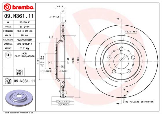 Disc frana BREMBO Spate Dreapta/Stanga TESLA MODEL 3 335mm 5 gauri ventilat intern 01.17-