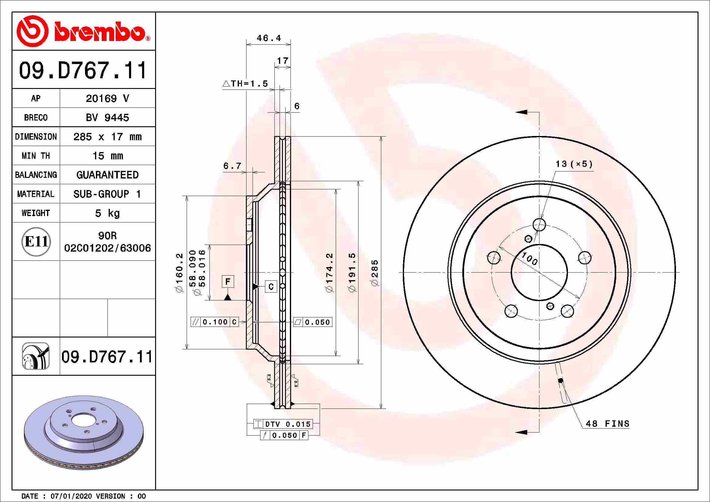 Disc Frana BREMBO SUBARU Spate 285mm Diametru 46mm Inaltime 17mm Grosime Ventilat Intern 5 Gauri 58mm Diametru Centrare