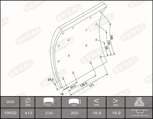 Set garnituri frictiune frana tambur BERAL 413x203 mm fata/spate 19 mm grosime 203 mm latime 259 mm lungime exterioara 64 nituri