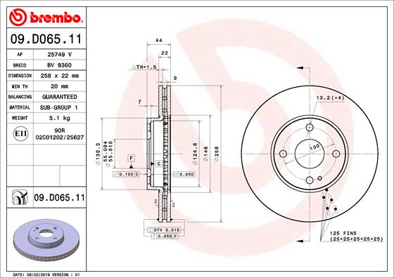 Disc frana Fata Dreapta/Stanga BREMBO MAZDA 2 MX-5 IV RF TARGA 1.5 258mm 44mm 22mm 4 gauri ventilat intern