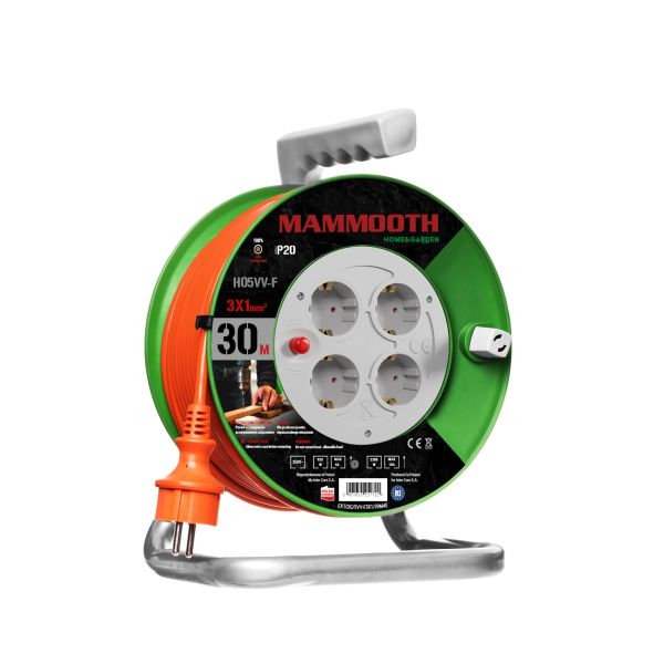 Prelungitor electric MAMMOOTH tambur plastic gradina 30m 230V 3x1,5mm² 4 prize F schuko 1380/3680W IP20