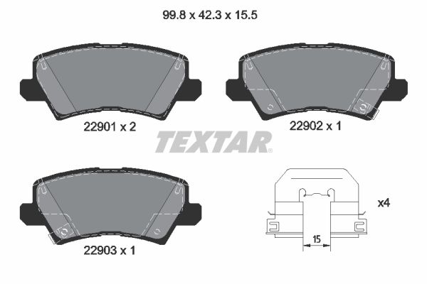 Set placute frana Spate KIA PICANTO 1.0/1.2 05.11- TEXTAR Inaltime 42.3 mm Latime 99.8 mm Grosime 15.5 mm Senzor uzura Da