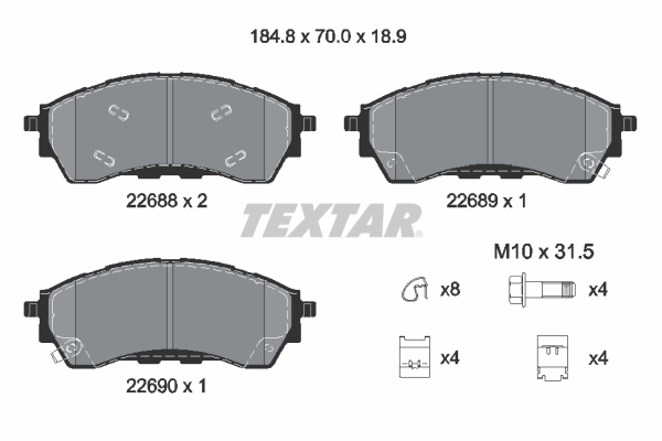 Set placute frana Fata Ford Ranger 2.0D/3.2D 04.11- TEXTAR 70.0mm 184.8mm 18.9mm cu accesorii suruburi etrier