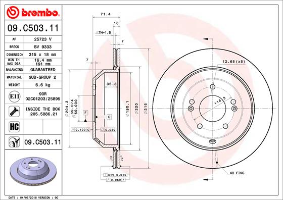 Disc frana Spate Dreapta/Stanga BREMBO KIA SORENTO III 2.0D-3.3 01.15- Diametru 315mm Inaltime 71mm Grosime 18mm Ventilat Intern