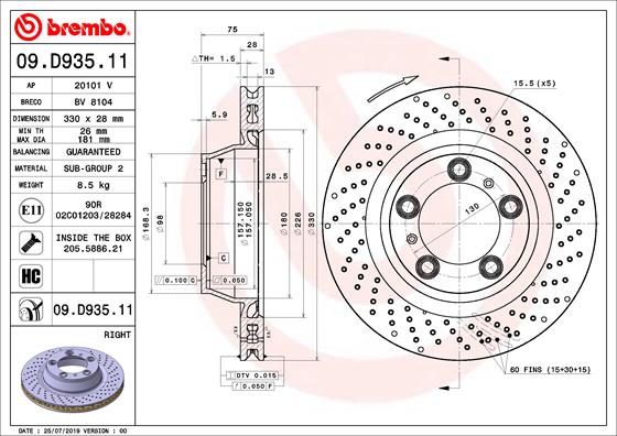 Disc Frana BREMBO Dreapta Porsche 911 Targa 3.4 12.11- Ventilat Perforat Spate Diametru 330mm Grosime 28mm 5 Gauri