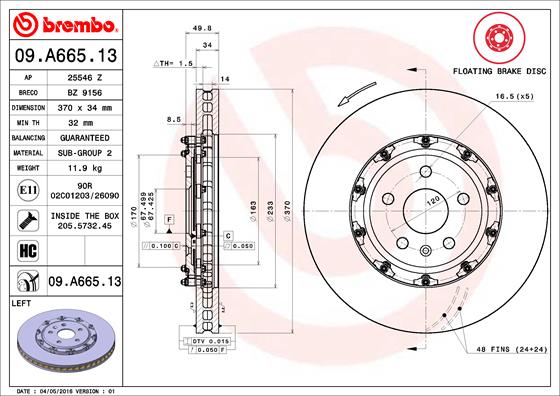 Disc frana Fata Stanga BREMBO ventilat intern 370mm CADILLAC CTS CHEVROLET CAMARO 6.2 5 gauri 34mm grosime 67mm centrare