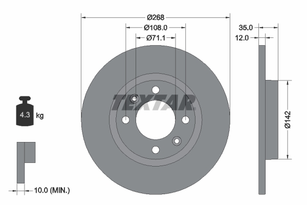 Disc frana Spate Dreapta/Stanga 268mm 35mm 12mm 71.1mm 4 gauri Citroen C4 III Opel Corsa F Mokka Peugeot 2008 II 208 II 06.19-