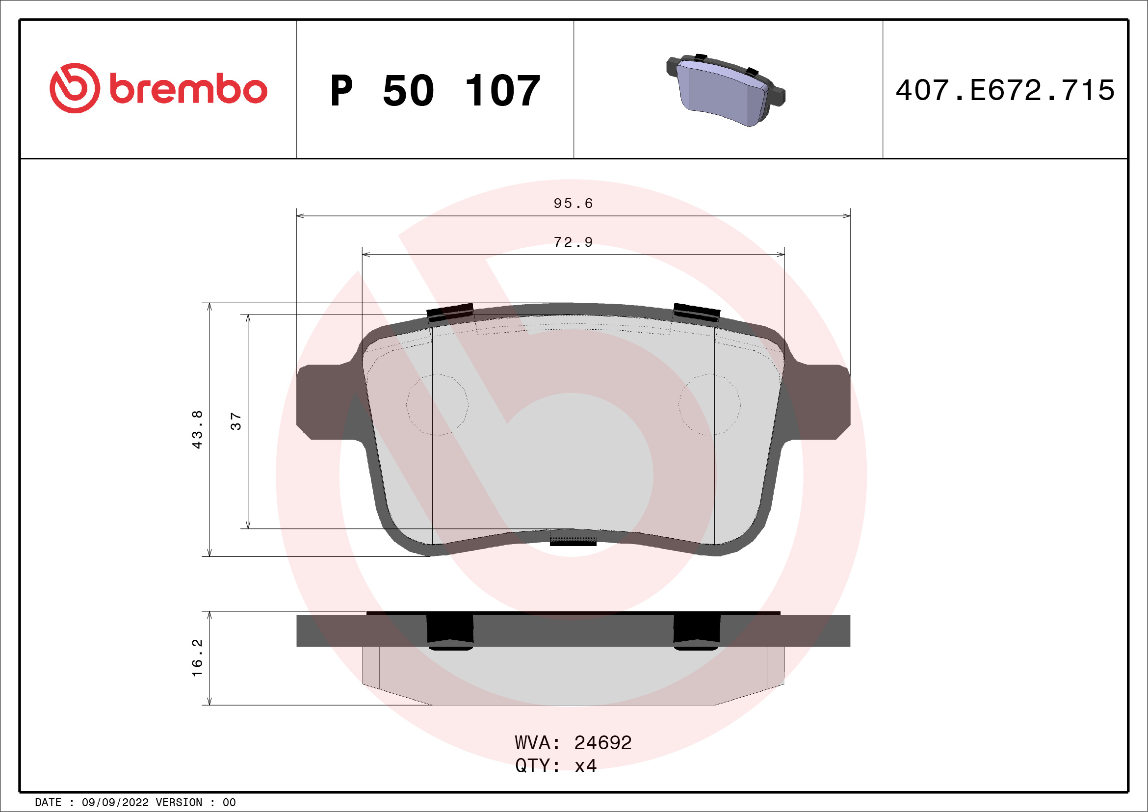 Set Placute Frana Spate BREMBO MERCEDES CITAN NISSAN NV250 Inaltime 44.0mm Latime 95.0mm Grosime 16.0mm