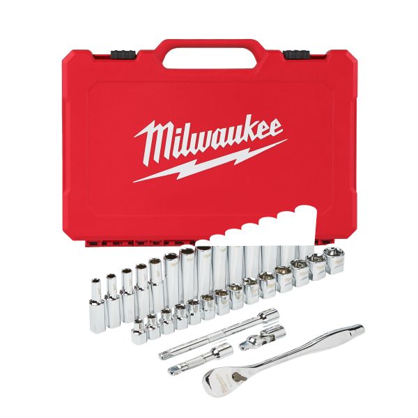 Set scule MILWAUKEE 32 piese Hexagonal 6-point mufa lung scurt antrenare pin 3/8 inch in cutie plastic