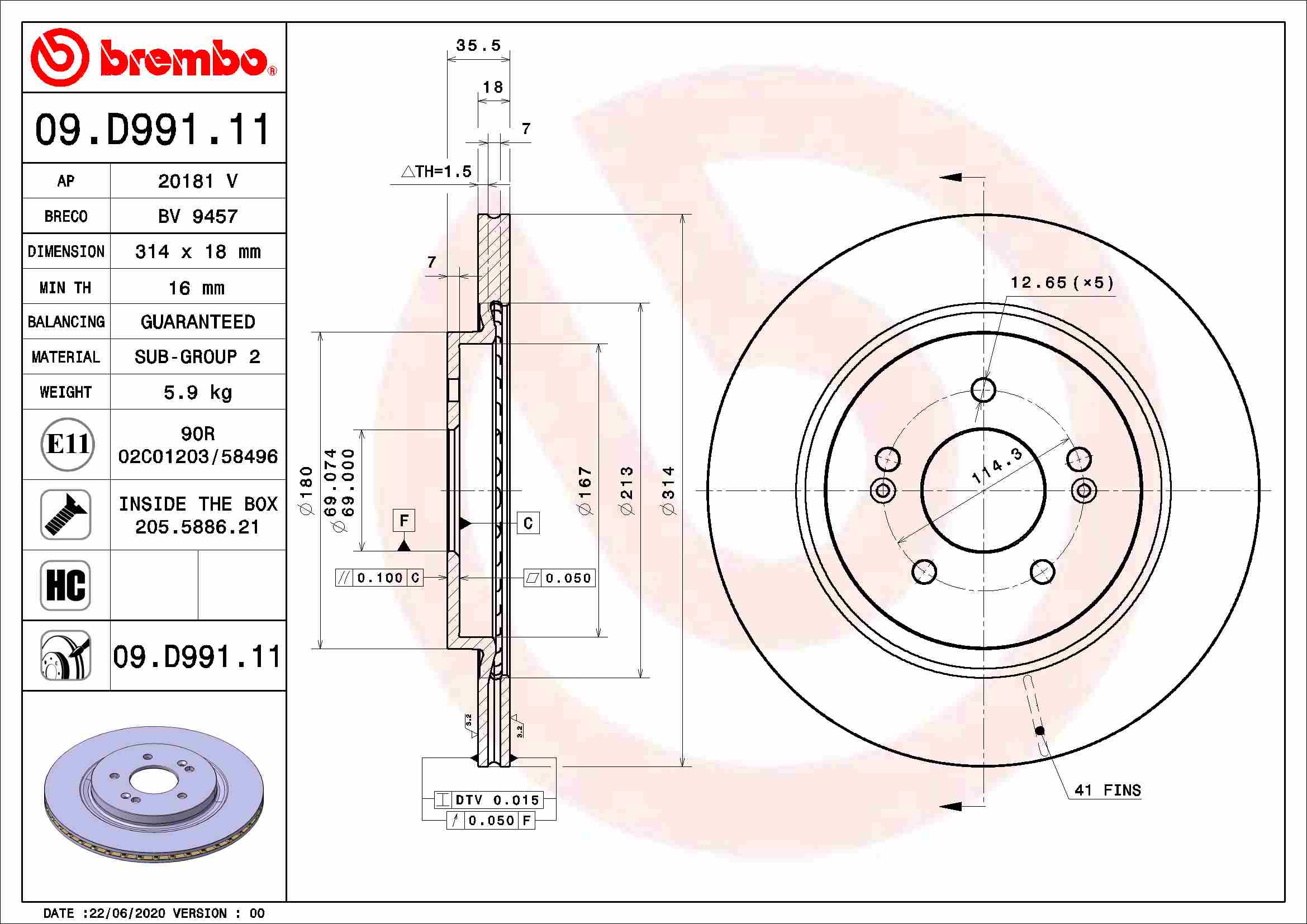 Disc frana BREMBO Spate Dreapta/Stanga Hyundai Santa Fe IV Diametru 314mm Grosime 18mm Ventilat Intern