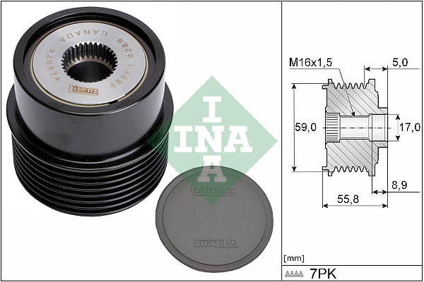 Sistem roata libera generator INA Rulita alternator Ford Transit 2.4D 01.00-05.06 Diametru interior 17.0 mm exterior 59.2 mm Latime 35.3 mm